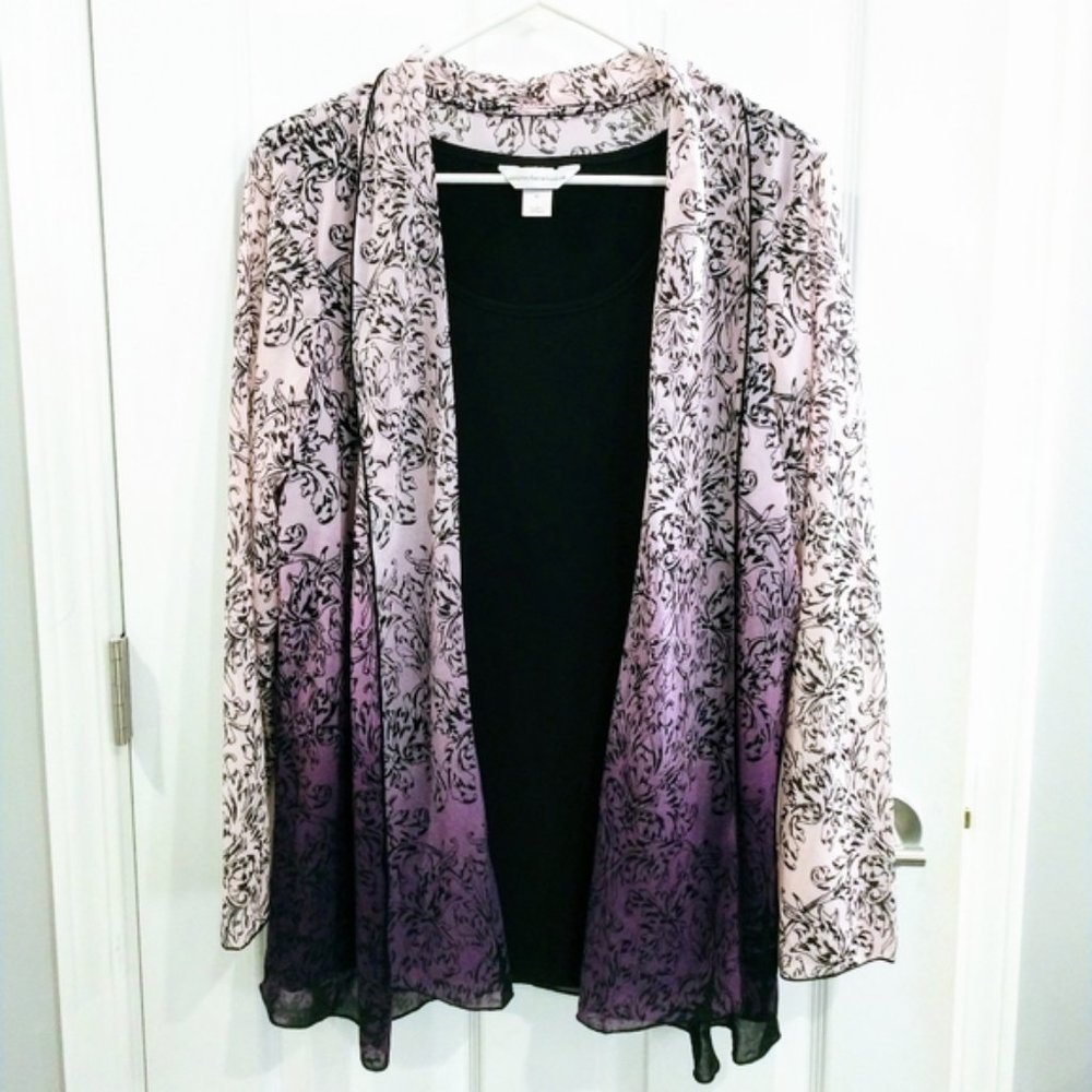 Christopher & Banks Ombre Purple Pink Black Floral 2Fer Open Cardigan Tunic XL